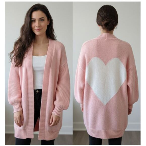 crown & ivy Sweaters - Crown & Ivy Cardigan Pink Heart Knit Sweater Balloon Sleeves Oversized Womens S